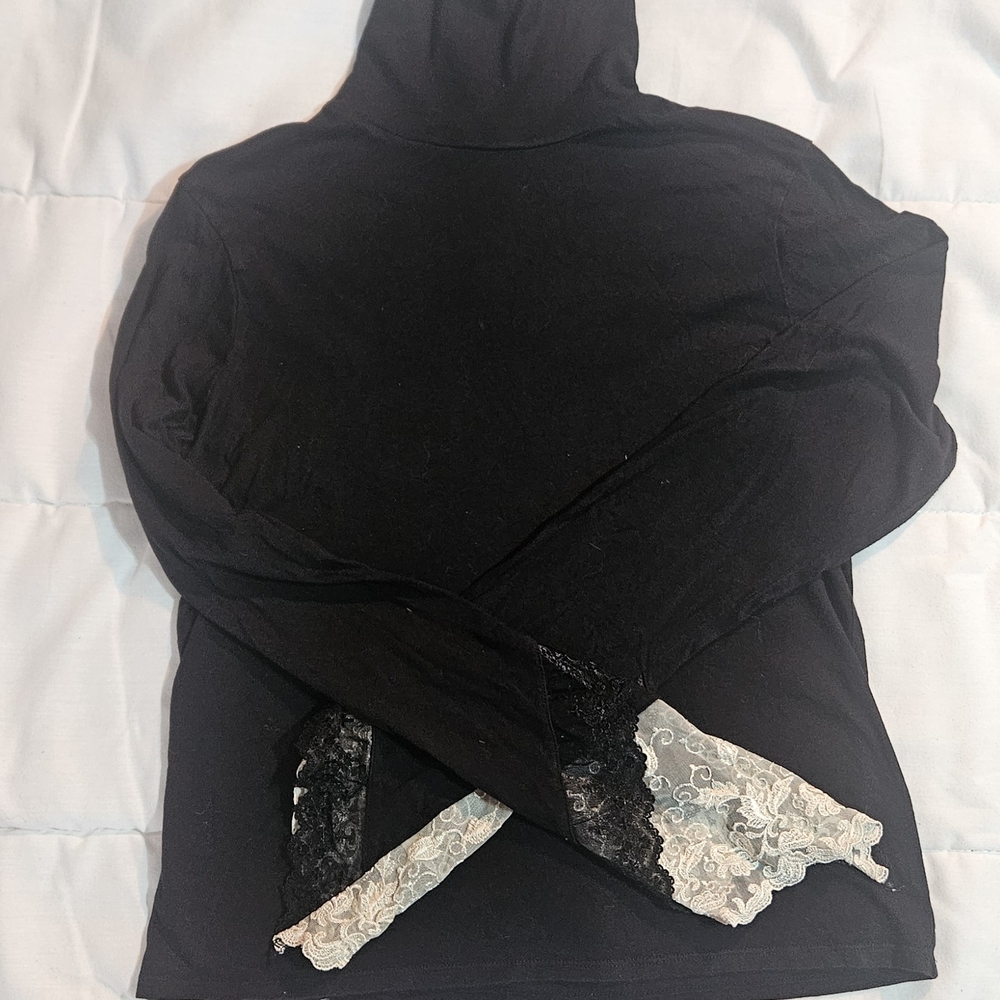 Black Lace Sleeve Turtleneck Top